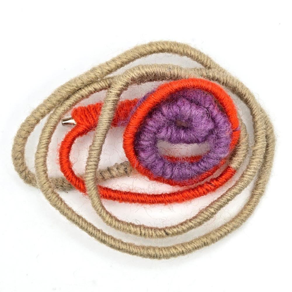 Handmade Abstract Fiber Art Brooch Yarn Wrapped Wire Coil‎ Tan Orange Purple